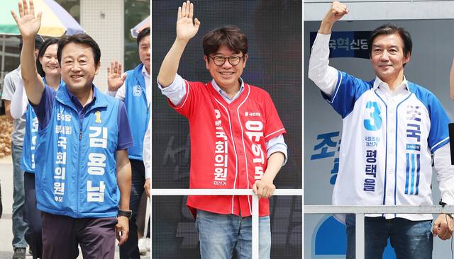 경기 평택을 국회의원 재선거에 출마한 김용남 더불어민주당 후보(왼쪽부터), 유의동 국민의힘 후보, 조국 조국혁신당 후보가 1일 평택시 안중시장에서 지지를 호소하고 있다. 연합뉴스