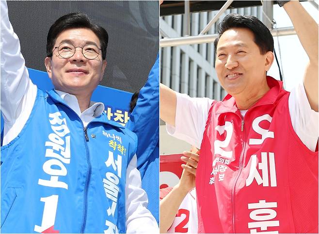 23일 더불어민주당 정원오 서울시장 후보가 서울 서대문구 홍제동 일대에서(사진 왼쪽), 국민의힘 오세훈 서울시장 후보가 강서구 발산역 인근 광장에서(사진 오른쪽) 유세하고 있다. [연합]