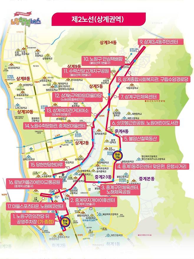 노원행복버스 제2노선 버스노선지도 [노원구 제공. 재판매 및 DB 금지]