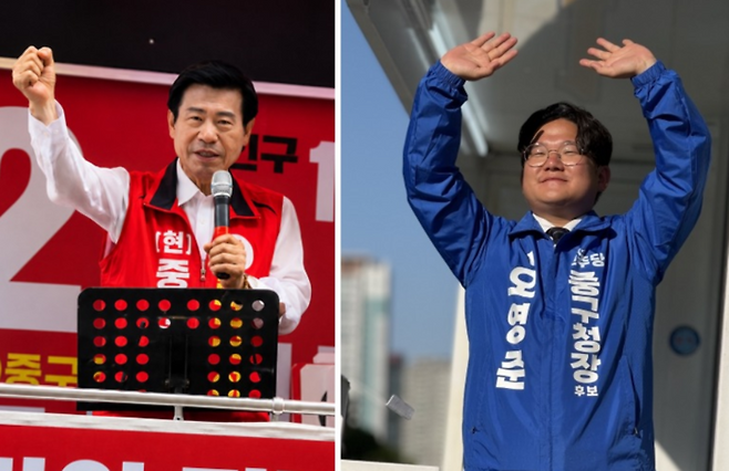 1일 오전 10시 대구 중구 봉산동 봉산문화거리에서 류규하(국민의힘) 중구청장 후보가 선거 유세를 하고 있다. 오른쪽 사진은 같은 날 오전 8시 중구 남산동 남문시장네거리에서 오영준(더불어민주당) 중구청장 후보가 유세를 하고 있는 모습. 각 후보 선거캠프 제공