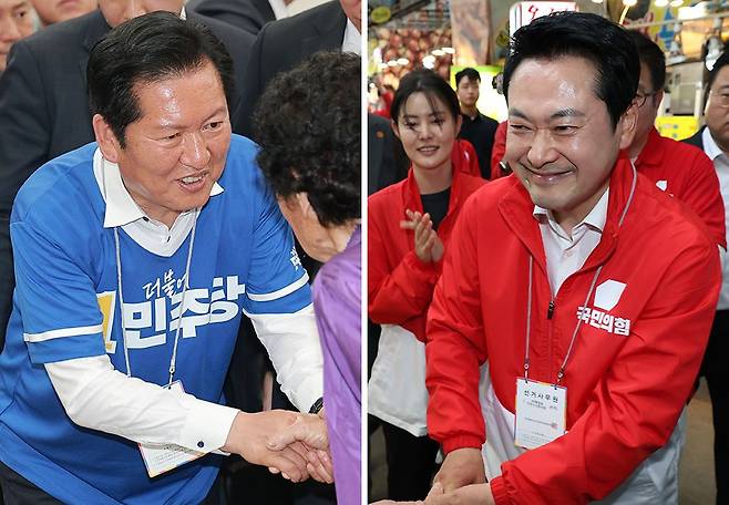 정청래 더불어민주당(왼쪽 사진)·장동혁 국민의힘 대표가 24일 각각 전남 광양 옥곡5일장과 인천 옥련시장을 찾아 지원 유세를 하고 있다. 연합뉴스
