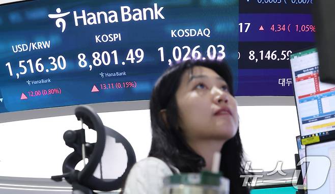 코스피 지수가 8800선을 돌파하며 최고치를 경신한 2일 서울 중구 하나은행 본점 딜링룸 전광판에 종가가 나오고 있다. 2026.6.2 ⓒ 뉴스1 김성진 기자