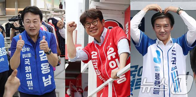 김용남 더불어민주당(왼쪽부터), 유의동 국민의힘, 조국 조국혁신당 경기 팽택시을 국회의원 후보들이 지난 1일 경기 평택시 안중읍 안중시장을 찾아 시민들에게 지지를 호소하고 있다. 2026.6.1 ⓒ 뉴스1 김영운 기자