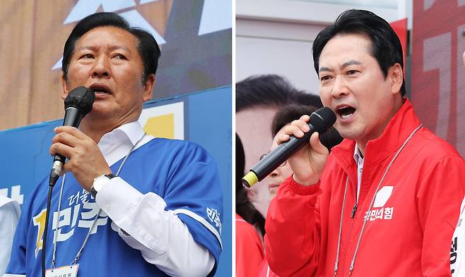 6·3 지방선거 본투표를 하루 앞둔 2일 더불어민주당 정청래 대표가 강원 영월군 단종로 유세에서 유권자들에게 지지를 호소하고 있다(왼쪽 사진). 오른쪽 사진은 국민의힘 장동혁 대표가 이날 충남 청양군 청양재래시장 유세에서 연설하는 모습. 영월·청양=뉴스1