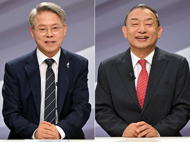 6·3 지방선거 전남광주특별시장 선거에 출마한 더불어민주당 민형배 후보(왼쪽)와 국민의힘 이정현 후보. 뉴시스