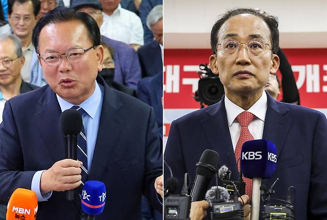김부겸(왼쪽 사진) 더불어민주당 대구시장 후보와 추경호 국민의힘 대구시장 후보가 3일 대구에서 출구조사 확인 후 취재진 질문에 답하고 있다. 대구=뉴시스