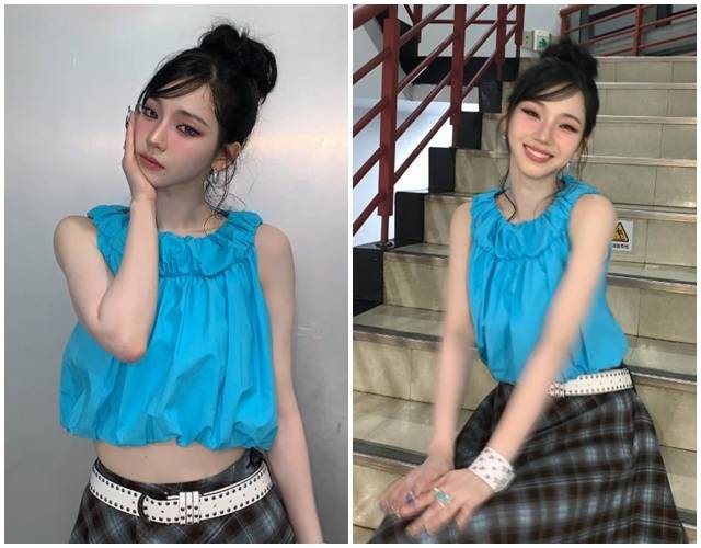 걸그룹 에스파 카리나가 지방선거를 하루 앞두고 파란색 의상과 렌즈를 착용한 사진을 공개했다.  / 사진 = 카리나 SNS