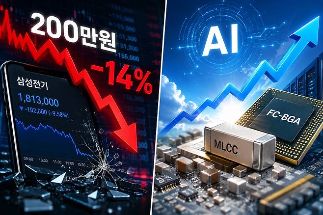 삼성전기 주가가 이틀 연속 급락한 가운데 MLCC와 반도체 기판 등 핵심 부품 사업이 향후 주가 향방의 변수로 꼽히고 있다. AI 생성 이미지