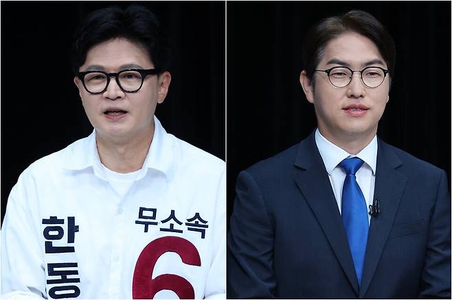 부산 북갑 한동훈 무소속 후보(왼쪽),&nbsp;하정우 더불어민주당 후보&nbsp;ⓒ연합뉴스