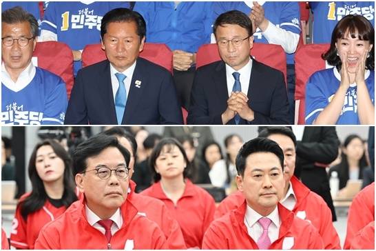 출구조사 결과 지켜보는 더불어민주당(위쪽)과 국민의힘 (서울=연합뉴스) 신현우 기자 2026.6.3 [국회사진기자단] nowwego@yna.co.kr photo@yna.co.kr