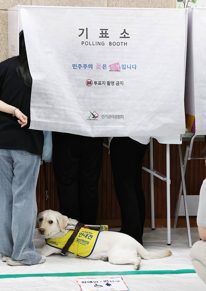 ▲&nbsp;지난달 30일 낮 12시 10분쯤 인천 미추홀구 학익2동 행정복지센터 사전투표소에서 시각장애인 한혜경씨가 투표관리관, 투표사무원과 함께 기표소에 들어가 있다./이재민 기자 leejm@incheonilbo.com