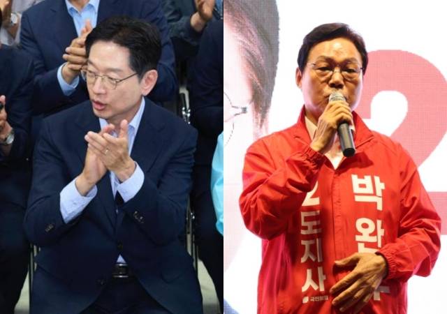 더불어민주당 김경수 경남지사 후보가 3일 오후 경남 창원시 성산구 중앙동 선거사무소에서 방송 3사 출구 조사 결과를 듣고 있다(왼쪽). 국민의힘 박완수 경남지사 후보가 2일 경남 창원시 성산구 상남동에서 마지막 유세를 하고 있다. 각 후보 선거본부 제공