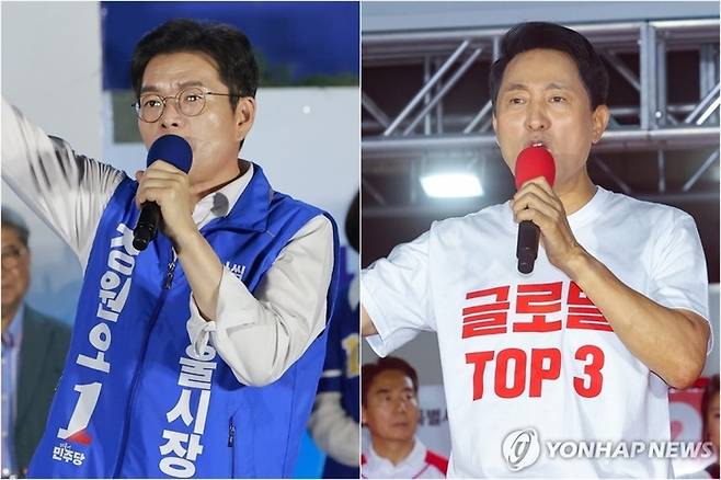 ▲지난 2일 서울 청계광장에서 유세를 하며 연설하고 있는 더불어민주당 정원오 후보(왼쪽)와 서울 서대문구 신촌역 스타광장에서 열린 파이널 유세에서 지지를 호소하고 있는 국민의힘 오세훈 후보. [사진=연합뉴스]