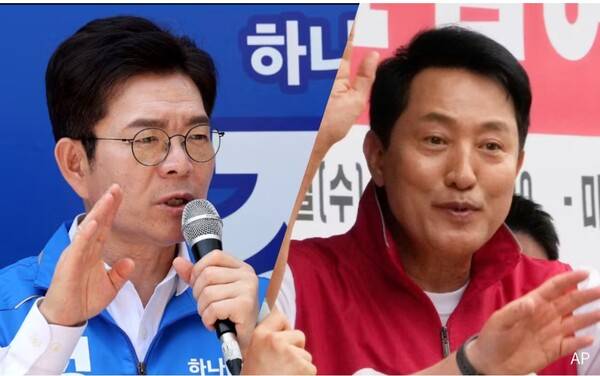 서울시장선거에서 접전을 벌인 정원오 민주당 후보와 오세훈 국힘당 후보의 유세 장면.&nbsp; 일본경제신문 6월 4일