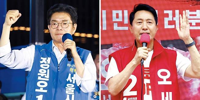 정원오 더불어민주당 서울시장 후보가 지난 2일 서울 청계광장에서 마지막 유세를 하고 있다(왼쪽 사진). 오른쪽은 오세훈 국민의힘 서울시장 후보가 지난 1일 서울 노원구 유세에서 연설하는 모습. /박성원 기자·뉴스1