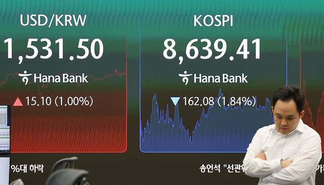 ▲ 4일 오후 서울 중구 하나은행 딜링룸 현황판에 코스피와 원/달러 환율이 표시되고 있다 [연합뉴스]&nbsp;