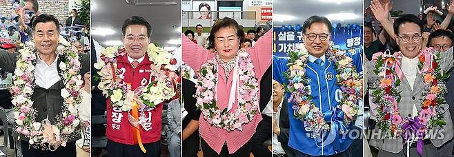 환호하는 울산 기초단체장 당선인들 (울산=연합뉴스) 김용태 기자 = 제9회 전국동시지방선거 울산 기초단체장 당선인들이 4일 당선이 확실시되자 꽃목걸이를 걸고 환호하고 있다. 왼쪽부터 국민의힘 김영길 중구청장 당선인, 국민의힘 임현철 남구청장 당선인, 국민의힘 천기옥 동구청장 당선인, 더불어민주당 이동권 북구청장 당선인, 국민의힘 이순걸 울주군수 당선인. 2026.6.4 [공동취재] yongtae@yna.co.kr