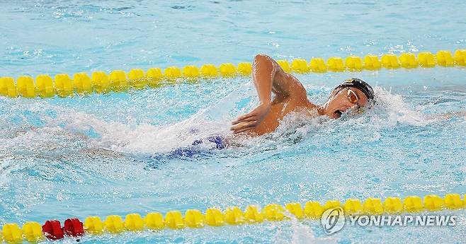 '있는 힘껏' (김천=연합뉴스) 김현태 기자 = 한국 수영 중장거리 간판 김우민(강원특별자치도청)이 25일 경북 김천실내수영장에서 열린 2026 KB금융 코리아 스위밍 챔피언십 남자 자유형 800ｍ 결승에서 역영하고 있다. 2026.3.25 mtkht@yna.co.kr