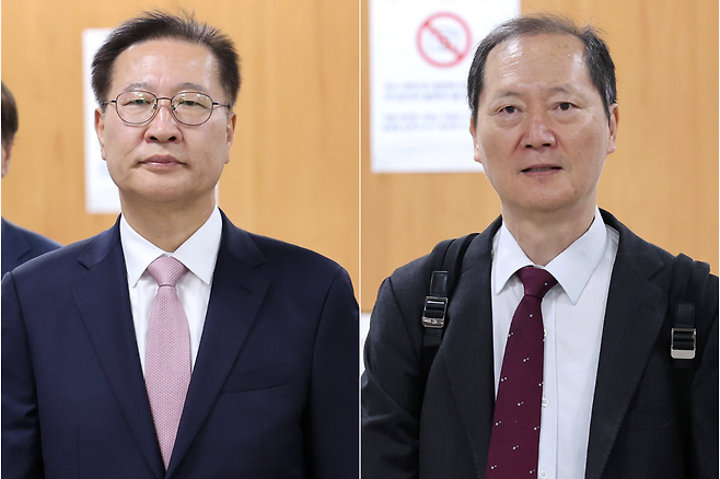 12·3 비상계엄 사태에 가담하고 김건희 여사의 수사 관련 청탁을 들어준 혐의로 기소된 박성재 전 법무부 장관(사진 왼쪽)과 국회증언감정법 위반 혐의로 기소된 이완규 전 법제처장(사진 오른쪽)이 지난 4월 27일 서울 서초구 서울중앙지법에서 열린 1심 결심공판에 각각 출석하고 있다. 연합뉴스