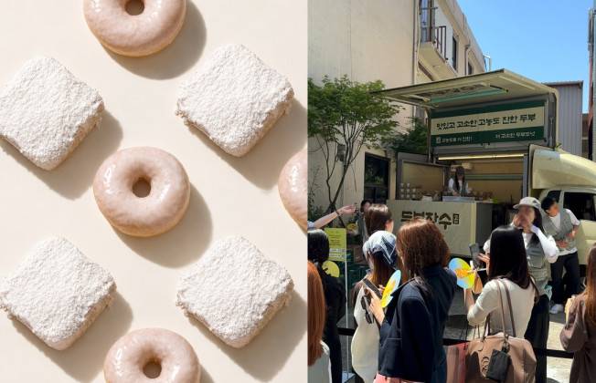 노티드 ‘두부 도넛’ 3종(왼)과 노티드 ‘두부 장수’ 푸드트럭.(사진제공=노티드)