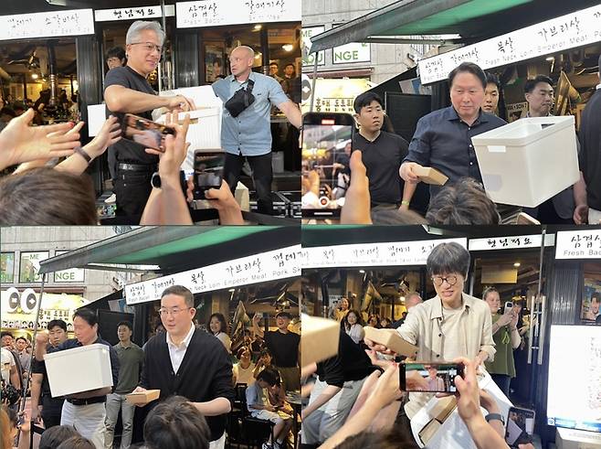▲젠슨 황 엔비디아 최고경영자(CEO), 최태원 SK그룹 회장, 구광모 LG그룹 회장, 이해진 네이버 의장이 5일 서울 마포구 홍대입구역 인근에서 시민들에게 간식을 나눠주고 있다. 사진=박지성 기자