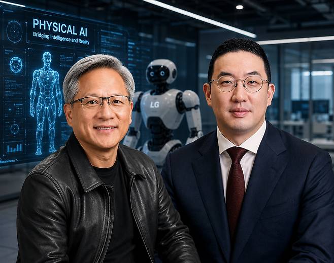 젠슨 황(왼쪽) 엔비디아 최고경영자(CEO)와 구광모 LG그룹 회장./그래픽=생성형 AI 챗GPT로 가공한 이미지