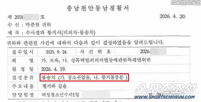 박준현의 불송치 수사결과 통지서.