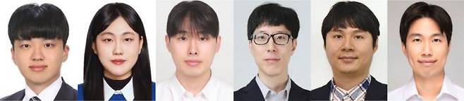 공동연구팀,(왼쪽부터 연응선 KIST와 KU-KIST 융합대학원 학생연구원(제1저자), 이윤정 KIST 인턴연구원(제1저자), 한성준 KIST, KU-KIST 융합대학원 학생연구원(제1저자), 문효원 KIST 선임연구원(교신저자), 황도경 KIST 책임연구원, KU-KIST 융합대학원 학연교수(교신저자), 장지수 국립부경대 교수(교신저자). 국립부경대 제공