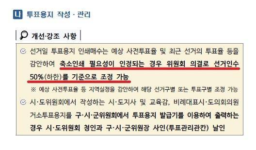 중앙선관위원회가 각급 지역 선관위에 내린 제9회 지방선거 종합관리지침에 투표 용지 준비 수량 하한선을 선거인 수의 50%로 규정하고 있다. 서범수 국민의힘 의원실 제공