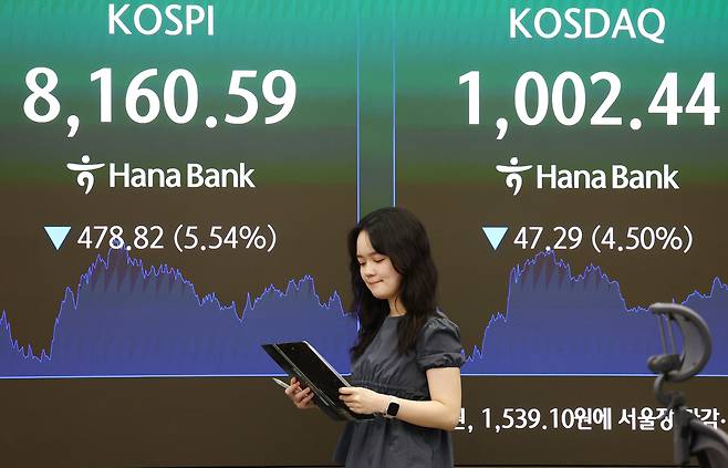 5일 서울 중구 하나은행 딜링룸 현황판에 코스피 등이 표시되고 있다. 이날 코스피는 전 거래일 대비 478.82포인트(5.54%) 내린 8160.59에, 코스닥은 47.29포인트(4.50%) 내린 1002.44에 장을 마감했다. [연합]