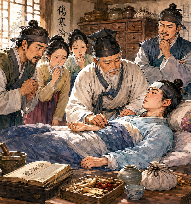 옛날에는 병을 진찰하는데 기계를 사용할 수 없어서 오감을 통한 진단법을 중요시 했다. 그 중에 맥진은 인체 내부의 상황을 들여다 볼 수 있는 좋은 지표가 되었다. 따라서 증상과 맥상이 다르면 맥상을 따라 치료했다. 챗GPT에 의한 AI생성 이미지.