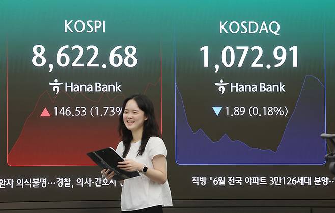 코스피가 상승 출발해 장중 사상 처음 8,600선을 넘어선 1일 서울 중구 하나은행 딜링룸에서 직원이 업무를 보고 있다. [연합뉴스]