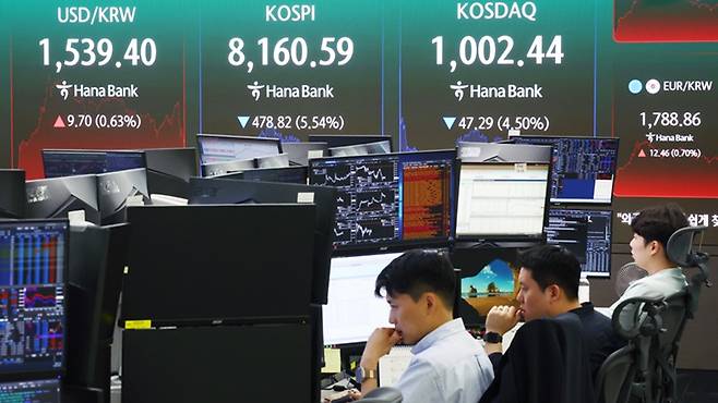 코스피지수가 지난 5일 전 거래일 대비 5.54% 폭락했다.[사진｜연합뉴스]