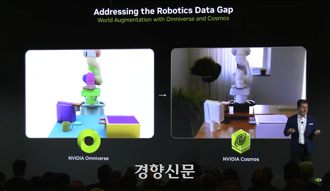 레브 레바레디언 엔비디아 옴니버시 및 시뮬레이션기술 부사장이 지난해 11월 자사 3D 시뮬레이션 플랫폼 옴니버스와 합성데이터 생성 AI 코스모스를 소개하는 모습. 유튜브 갈무리