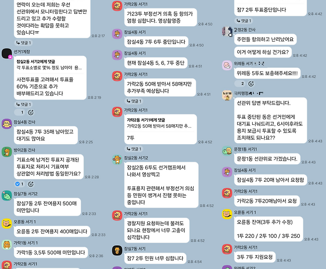 전국공무원노동조합이 지난 5일 공개한 지난 6·3 지방선거 당시 서울 송파구청 소속 공무원·송파구 선거관리위원회 단체 대화방. 전국공무원노조 제공