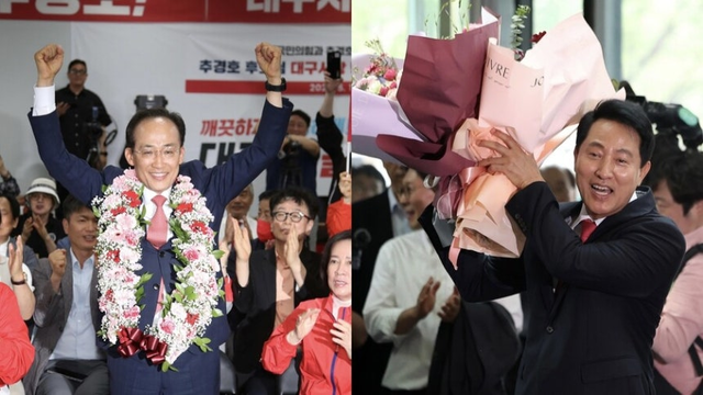 국민의힘 추경호 대구시장 후보(왼쪽)가 당선이 유력시되면서 지난 4일 오전 대구 범어네거리 선거사무소에서 축하 꽃다발을 목에 걸고 있다. 오세훈 서울시장(오른쪽)이 같은날 서울시청으로 들어서며 직원들에게서 받은 꽃다발을 들고 있다. [연합뉴스]