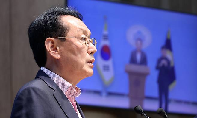 김도읍 국민의힘 의원이 5일 국회 소통관에서 원내대표 출마 선언을 하고 있다. [연합]