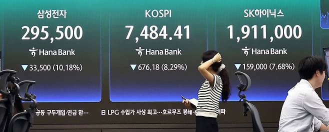 8일 서울 중구 하나은행 딜링룸 현황판에 코스피 등이 표출되고 있다. [연합]