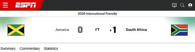 남아프리카공화국이 자메이카에 1-0으로 승리했다고 전한 ESPN 홈페이지. /사진=ESPN 홈페이지 캡처