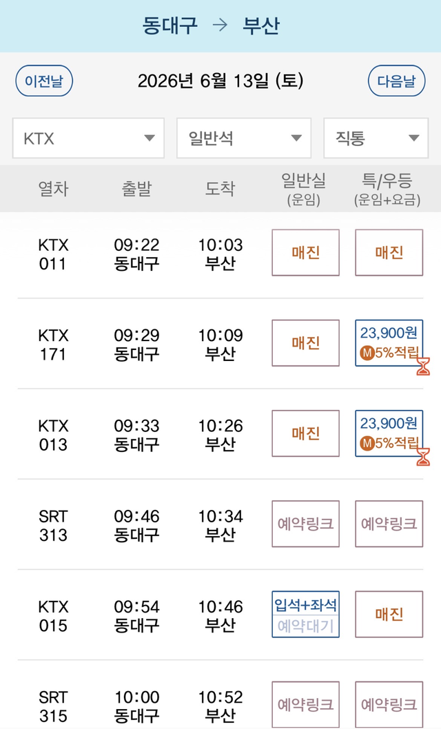6월 13일 오전 시간대 KTX·SRT 열차표가 모두 매진 행렬을 이루고 있다.