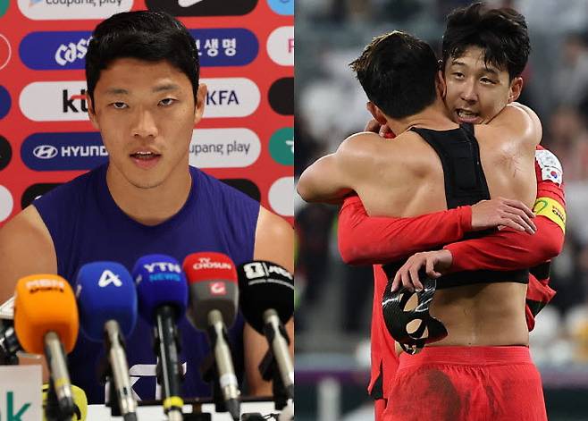 2026 북중미월드컵에 출전하는 황희찬, 2022 카타르 월드컵 16강 진출에 성공 후 손흥민과 황희찬이 포옹을 나누는 모습. (사진=뉴스1, 연합뉴스)