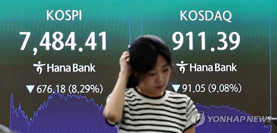 자난 8일 서울 중구 하나은행 딜링룸 현황판에 코스피 등이 표시되고 있다. 이날 코스피는 676.18포인트(8.29%) 내린 7,484.41에, 코스닥은 91.05포인트(9.08%) 내린 911.39에 장을 마감했다. 〈사진=연합뉴스〉