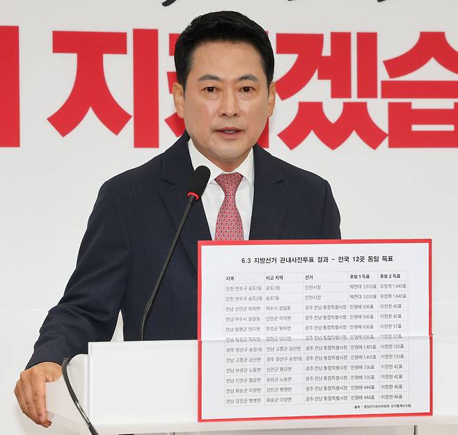 국민의힘 장동혁 대표가 9일 오전 서울 여의도 국회에서 투표용지 부족 사태 등 현안관련 기자회견을 갖고 전국 재선거를 해야 한다고 말했다./박성원 기자