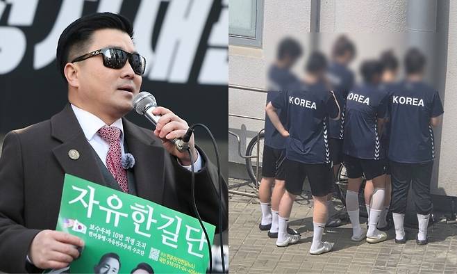 김현태 전 육군 특수전사령부 707특수임무단장(왼쪽)과 핸드볼 여성 유소년 국가대표팀 선수들이 8일 오전 서울 송파구 올림픽공원 핸드볼경기장에 출입하려다 개표함 봉쇄 시위 참가자들이 막아선 뒤 벽을 보고 돌아선 모습. 연합뉴스, 김형민씨 제공.
