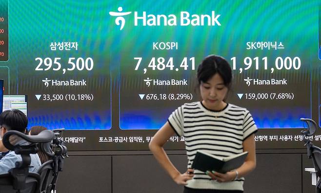 8일 서울 중구 하나은행 본점 딜링룸에 코스피와 삼성전자, SK하이낙스 주가가 표시되고 있다. 조태형 기자