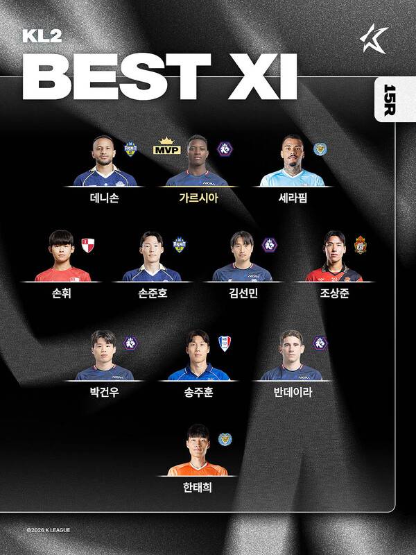 ■하나은행 K리그2 2026 15R MVP, 베스트 팀/매치, 베스트11.(자료제공=한국프로축구연맹)
