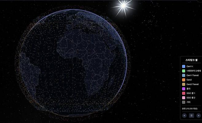 스페이스엑스의 스타링크 위성 분포도./사진= satellitemap.space 캡처