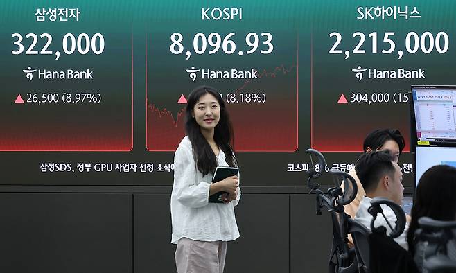 9일 서울 중구 하나은행 본점 딜링룸 모니터에 삼성전자, 코스피, SK하이닉스 종가가 표시돼 있다. 이날 코스피는 전장보다 612.52포인트(8.18%) 오른 8096.93로 마감했다. 연합뉴스