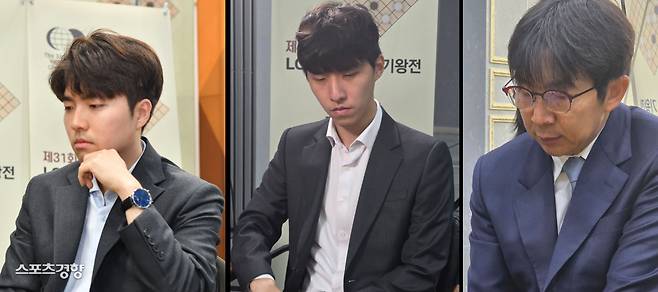 9일 전주 왕의지밀에서 열린 제31회 LG배 24강전에 나선 9명의 한국 기사들 중 박하민 9단(왼쪽)을 제외한 김명훈 9단(가운데), 목진석 9단(오른쪽) 등 8명이 탈락했다. 전주 | 윤은용 기자
