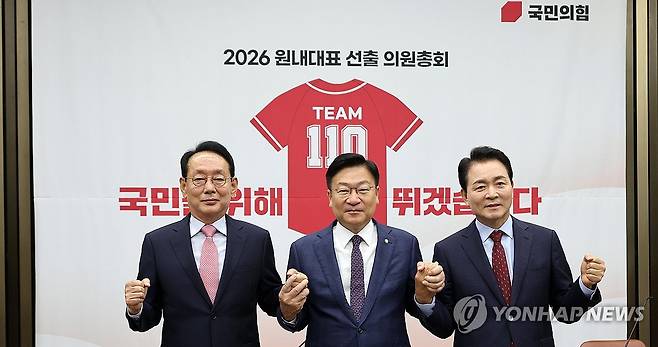 국민의힘 원내대표 선출 의총 (서울=연합뉴스) 이동해 기자 = 국민의힘 원내대표 선거에 출마한 후보들이 10일 국회에서 열린 원내대표 선출 선거 의원총회에서 기념 촬영하고 있다. 왼쪽부터 김도읍, 성일종, 정점식 의원. 2026.6.10 eastsea@yna.co.kr